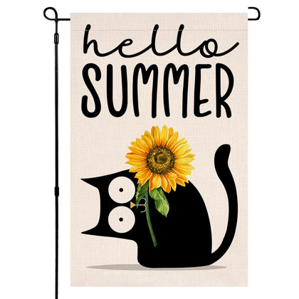BLKWHT Summer Cat Garden Flag front view highlights sunflowers for bright outdoor decor.