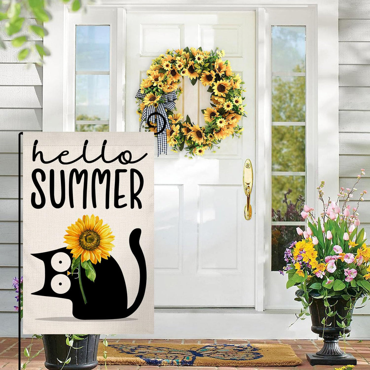 BLKWHT Summer Cat Garden Flag sunflower design adds cheerful color to any yard.
