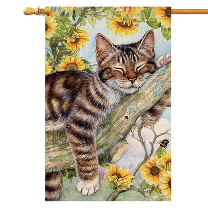 BLKWHT Summer Cat Sunflowers flag on porch adds cheerful outdoor charm.