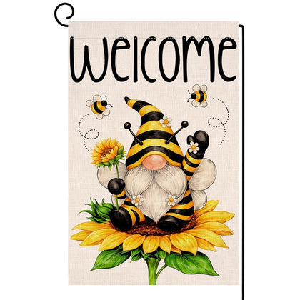 BLKWHT Summer Gnome Sunflower Garden Flag 12x18, two-sided outdoor welcome design.