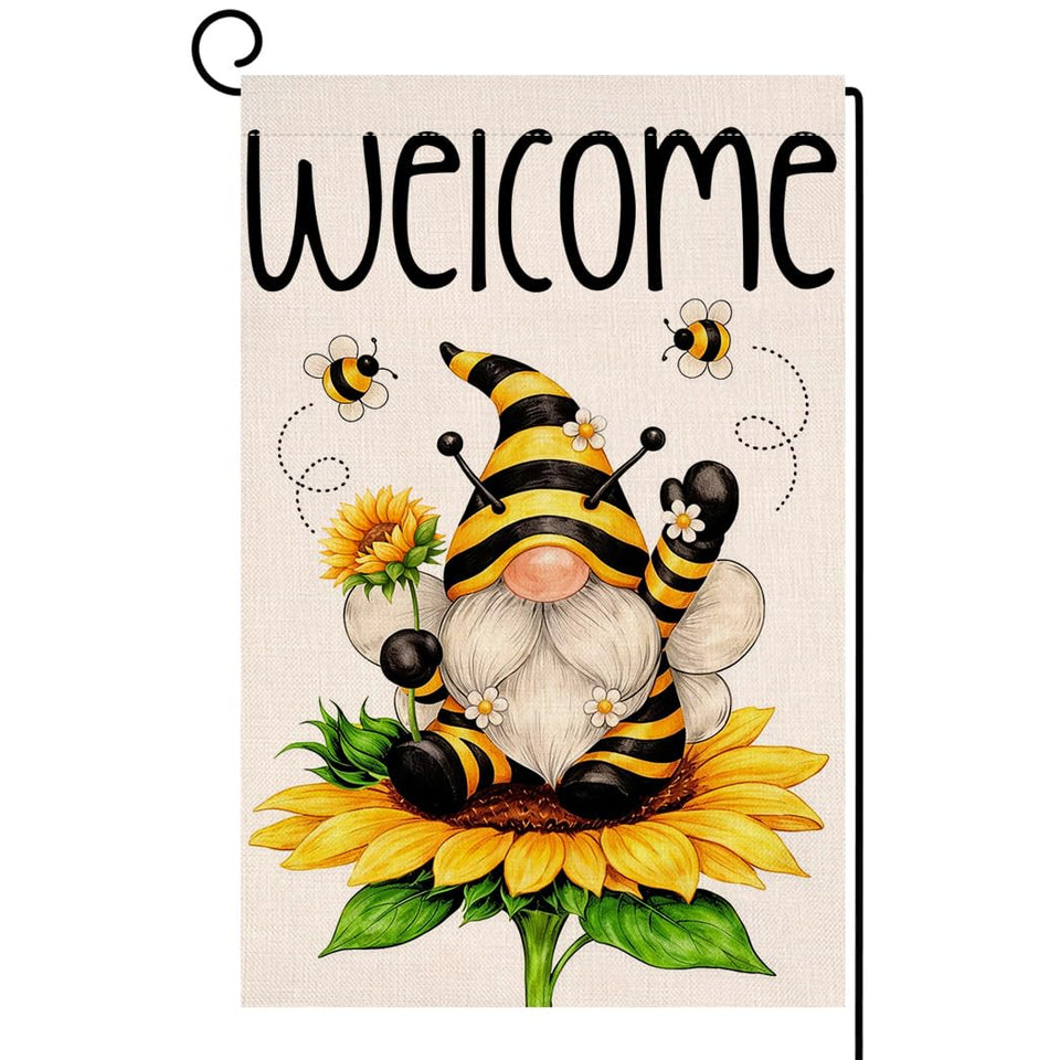 BLKWHT Summer Gnome Sunflower Garden Flag 12x18, two-sided outdoor welcome design.