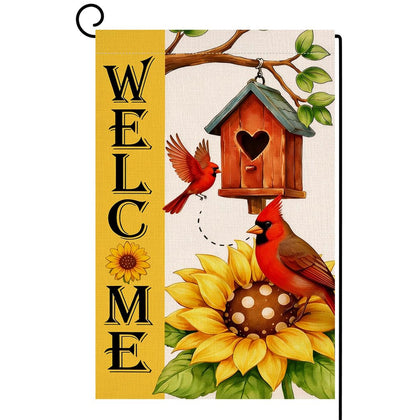 BLKWHT Summer Sunflower Bird flag with vibrant sunflowers and birds welcomes outdoor spaces.