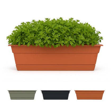 Bloem Dura Cotta 18in window box planter with durable resin for outdoor spaces.