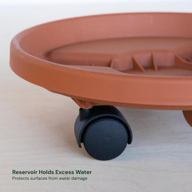 Bloem planter caddy with saucer tray to prevent water spills.