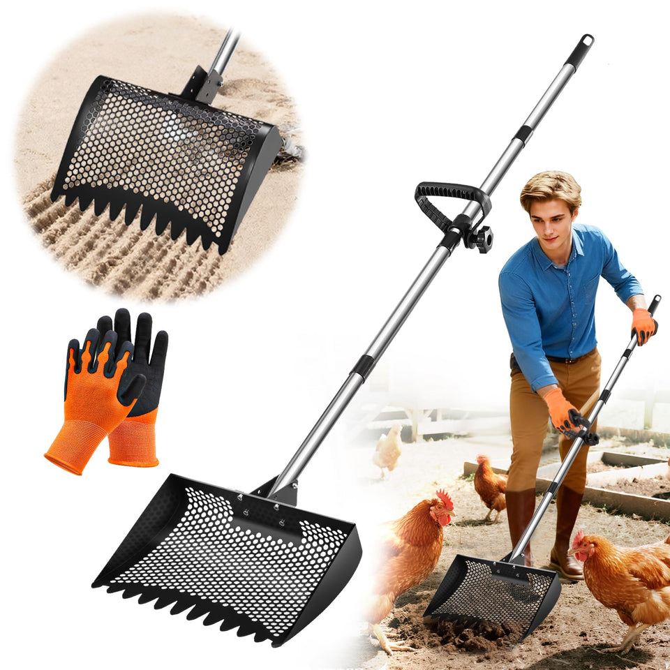 Bloksin 12-inch chicken poop scooper demonstrating the wide scoop for quick coop cleanup.