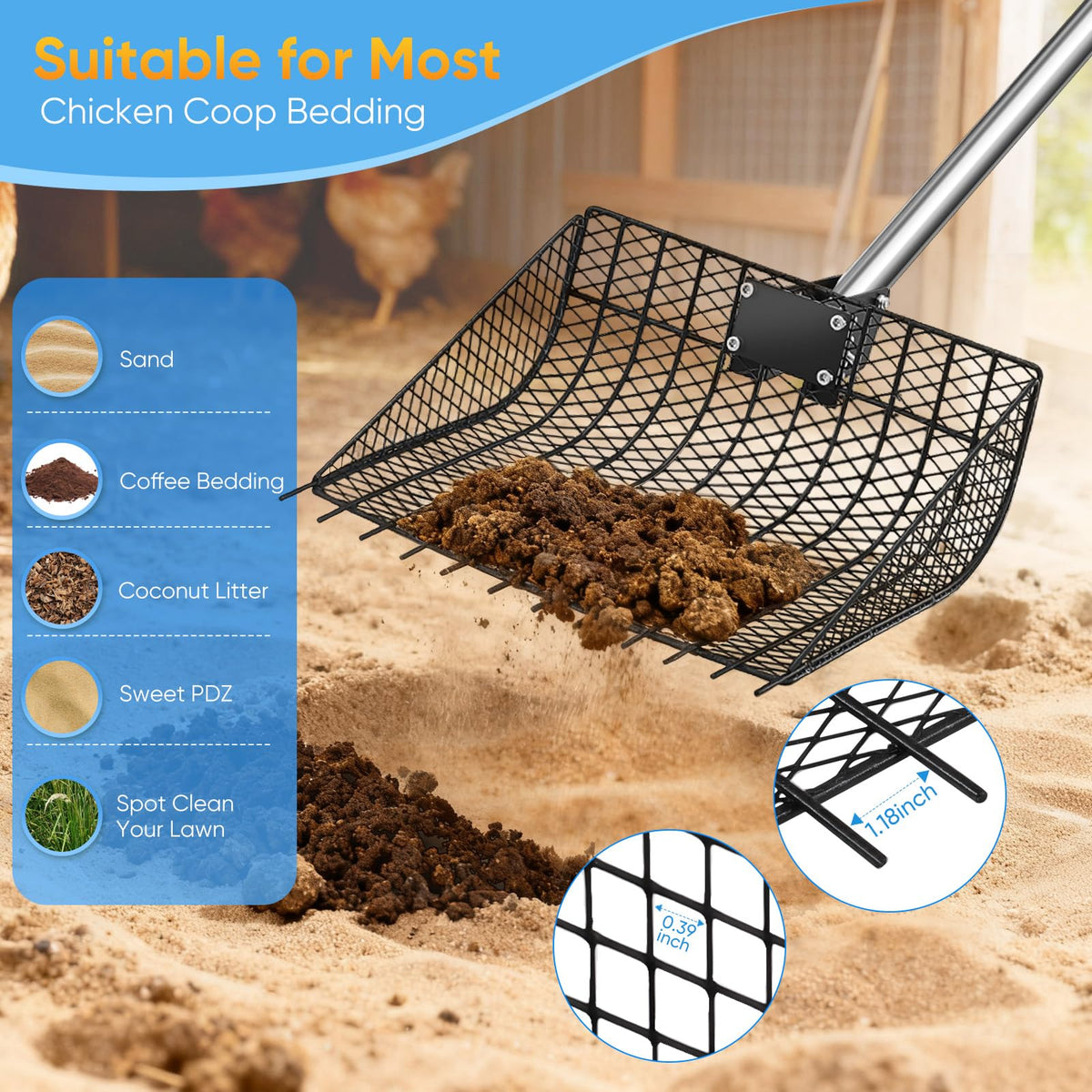 Bloksin dual-function tool handles sand, bedding, leaves, and garden debris with one tool.