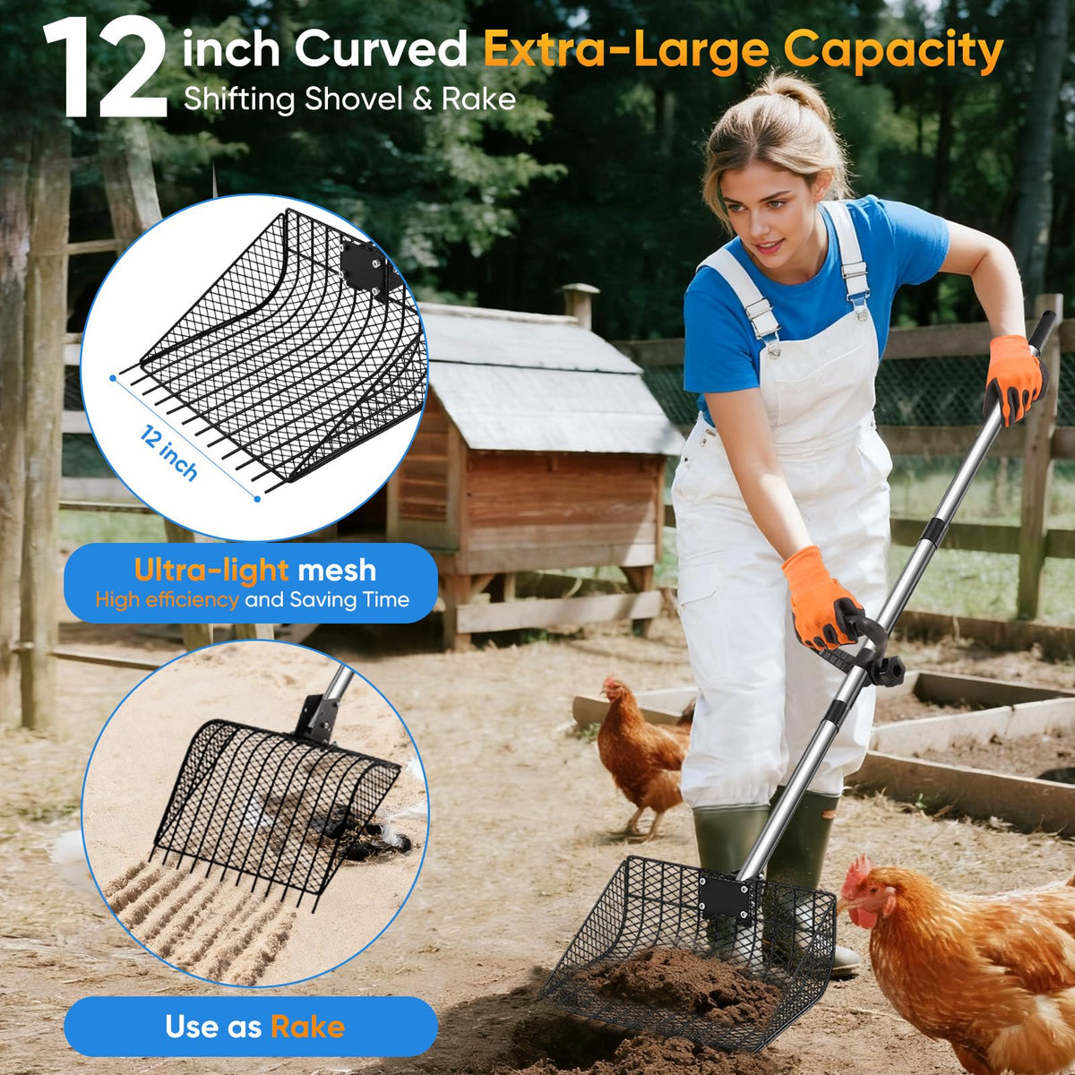 Bloksin 3-angle head with adjustable scoop for ergonomic use in different coop layouts.