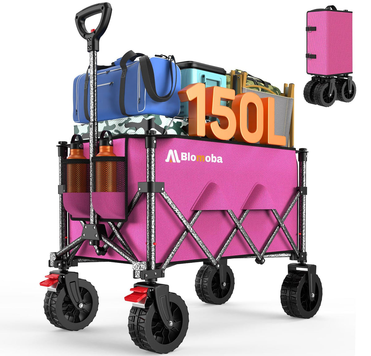 Blomoba collapsible wagon shows 150L capacity for groceries, gear, or camping supplies.