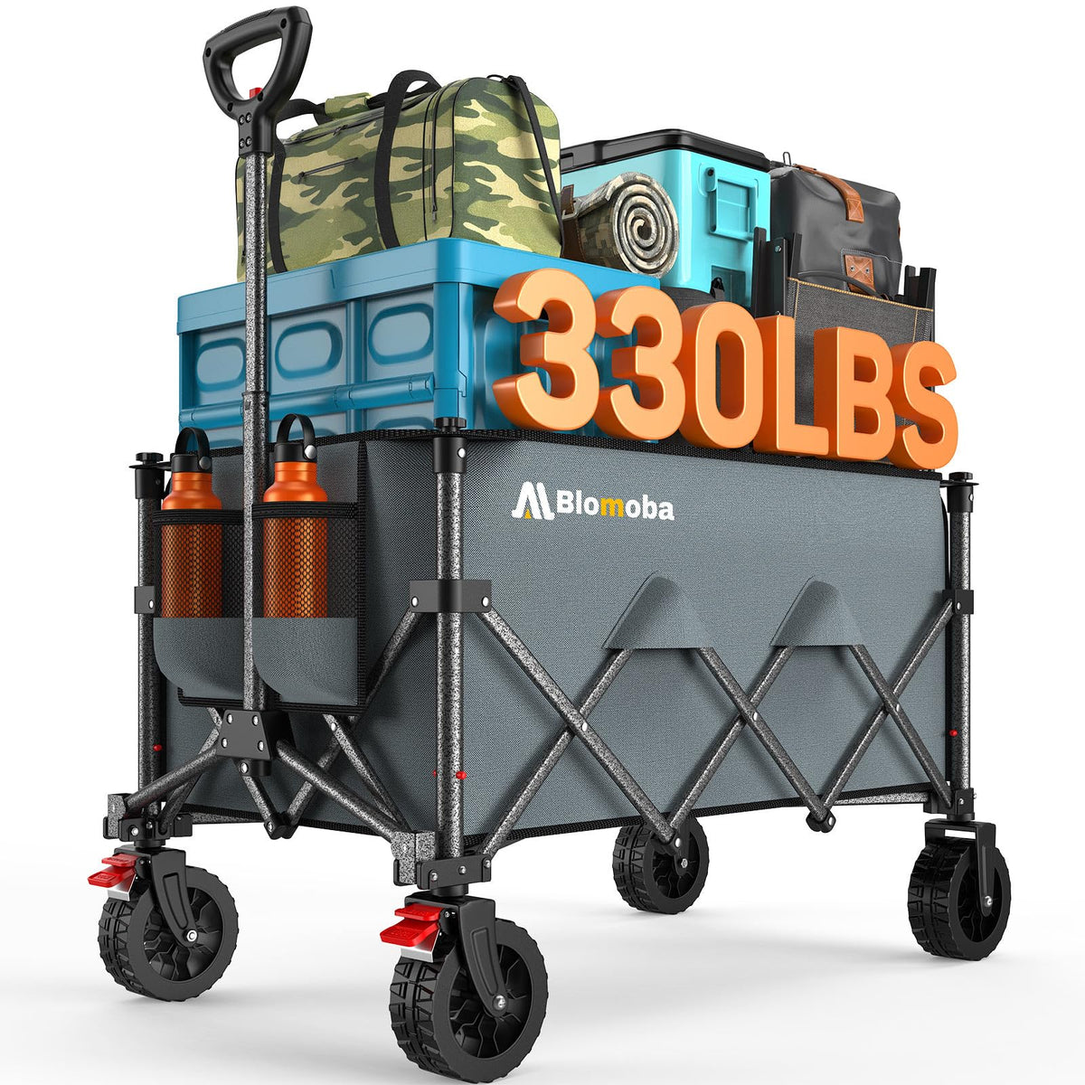 Blomoba collapsible wagon with wider wheels rolling on sand for beach use