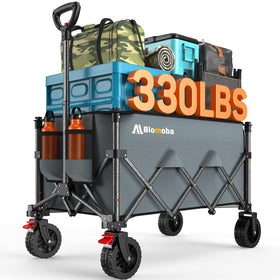 Blomoba collapsible wagon with wider wheels rolling on sand for beach use