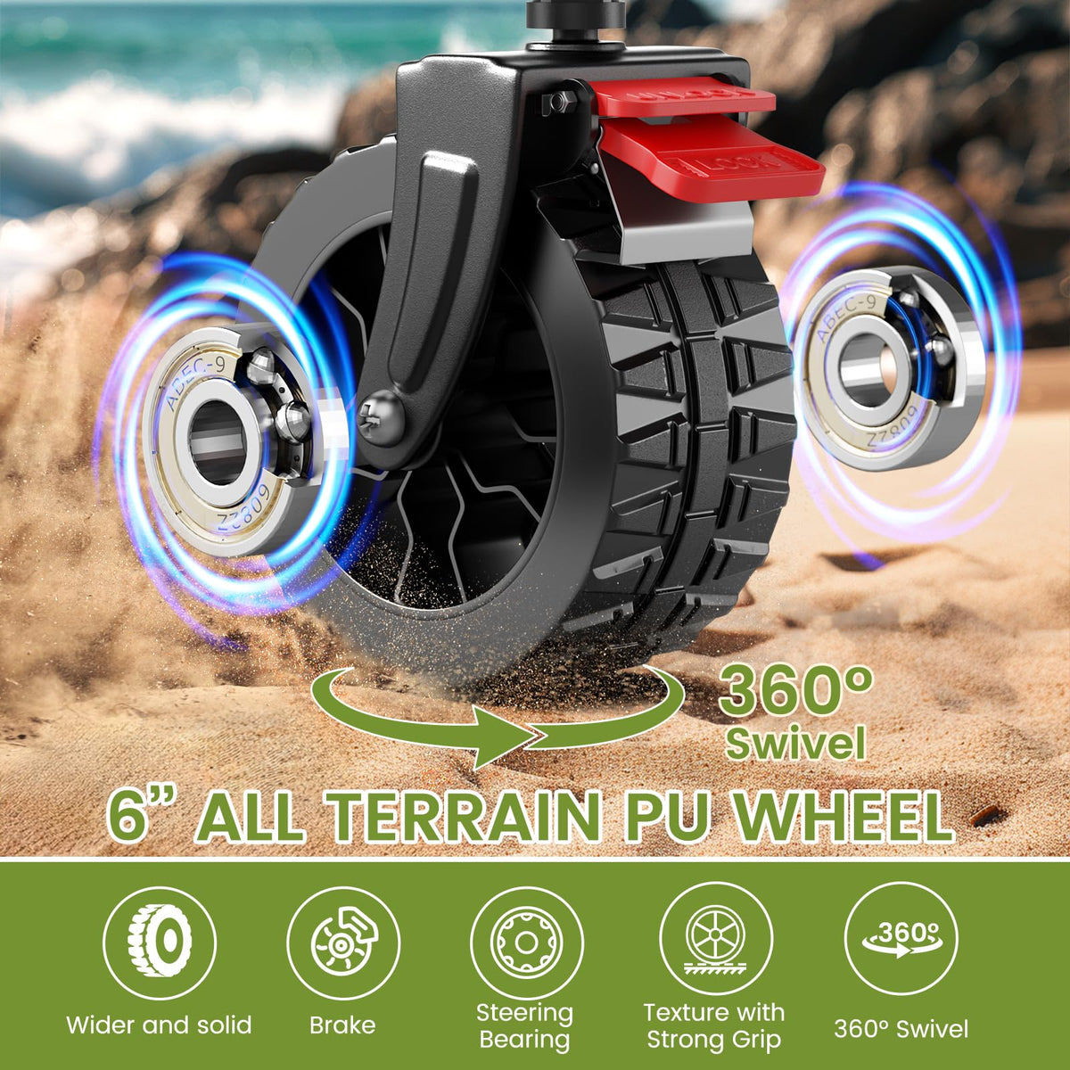 Blomoba wagon with 6-inch wider wheels handles sand and grass easily.