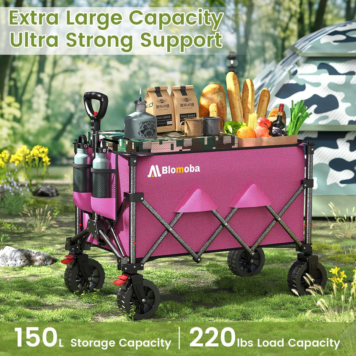 Blomoba auto-rebound handle stays up, reducing ground contact during transport.
