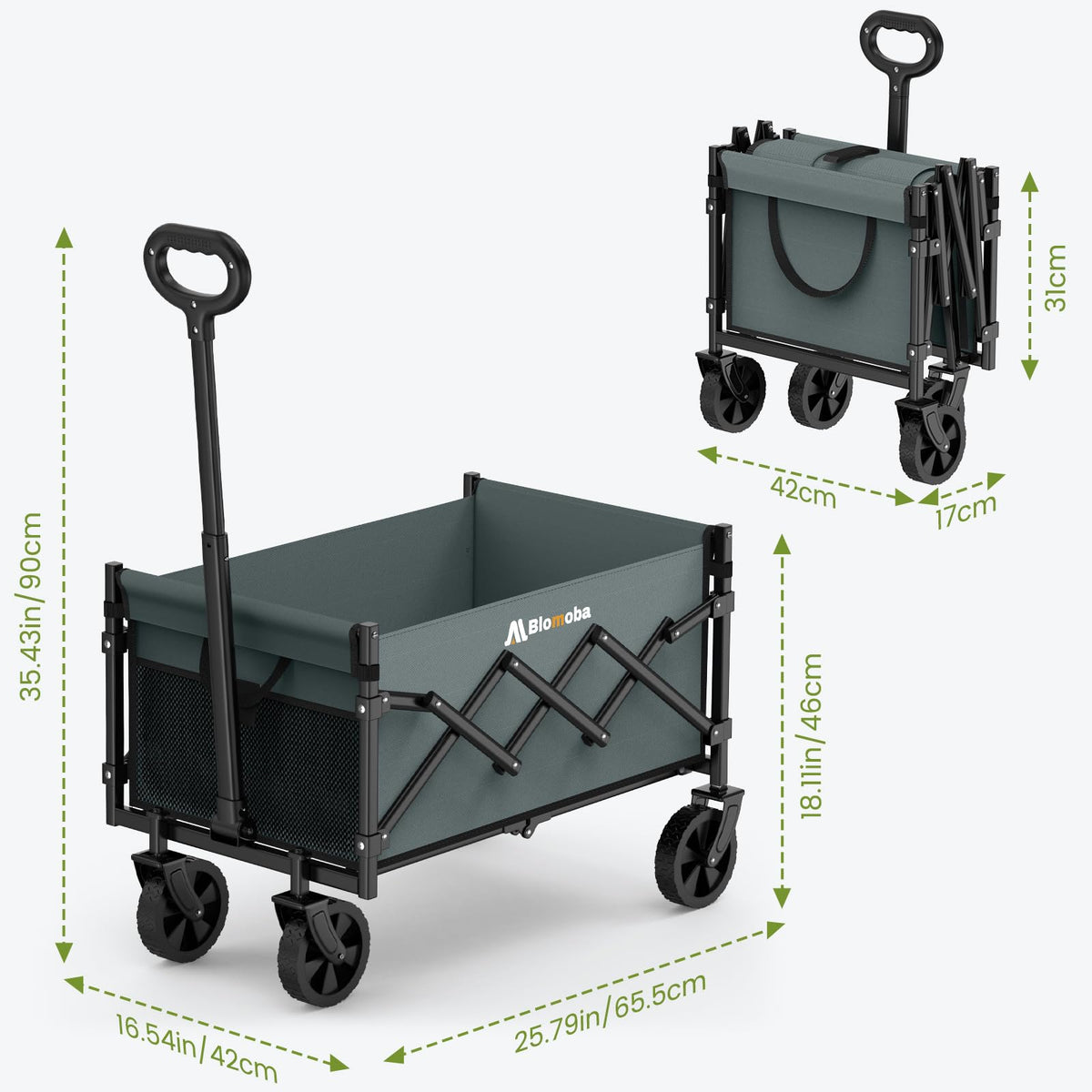 Blomoba wagon in garden ready for tools and plants