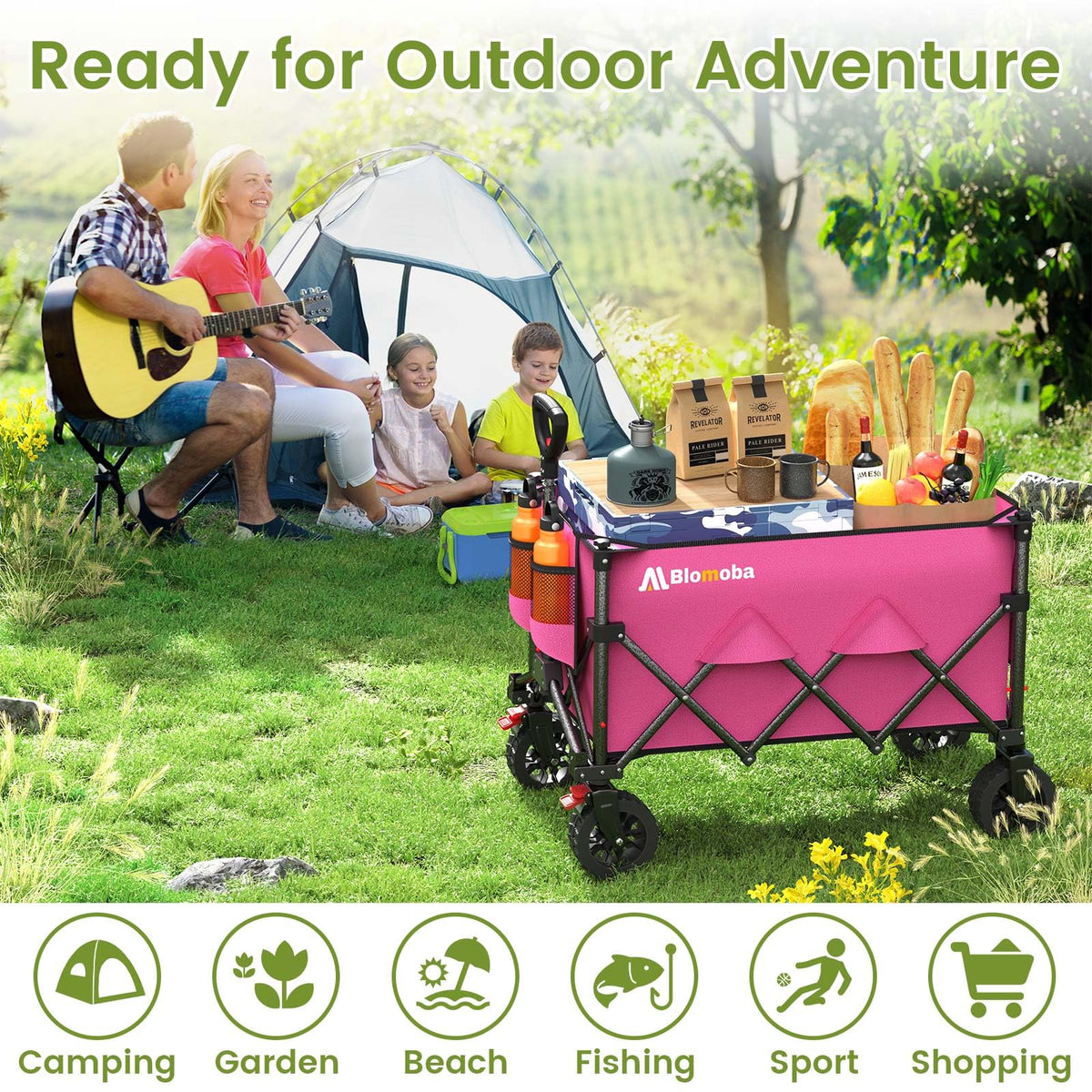 Blomoba pink wagon ready for garden, shopping, camping, and travel.