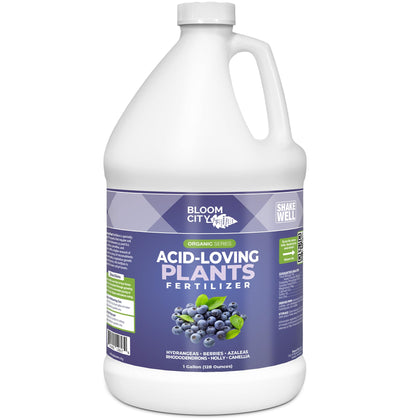 Bloom City Acid-Loving Plant Fertilizer bottle front view promotes healthy soil nourishment.