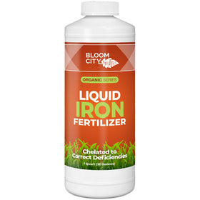 Bloom City chelated liquid iron bottle enhances iron uptake for lawns.