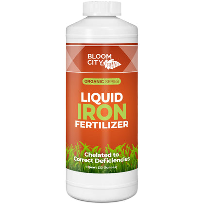 Bloom City chelated liquid iron bottle enhances iron uptake for lawns.