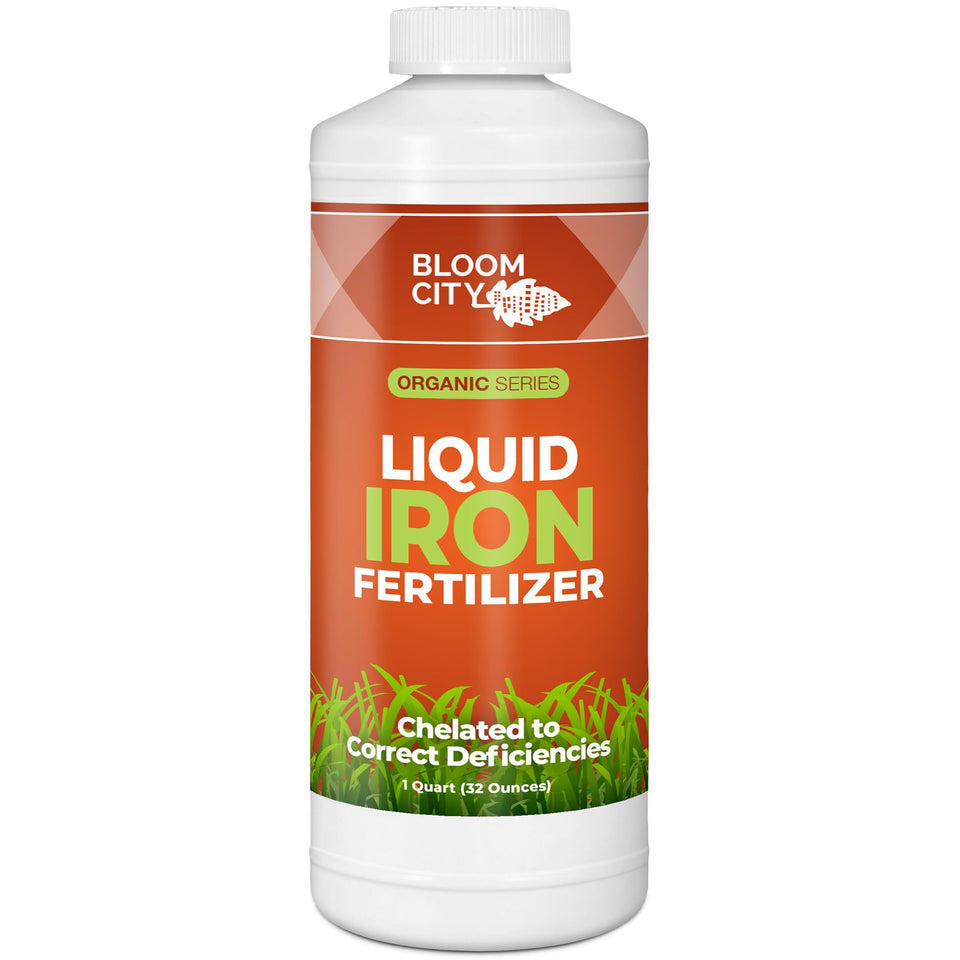 Bloom City chelated liquid iron bottle enhances iron uptake for lawns.