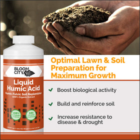 Bloom City Humic Acid lawn application helps improve nutrient uptake and root strength.
