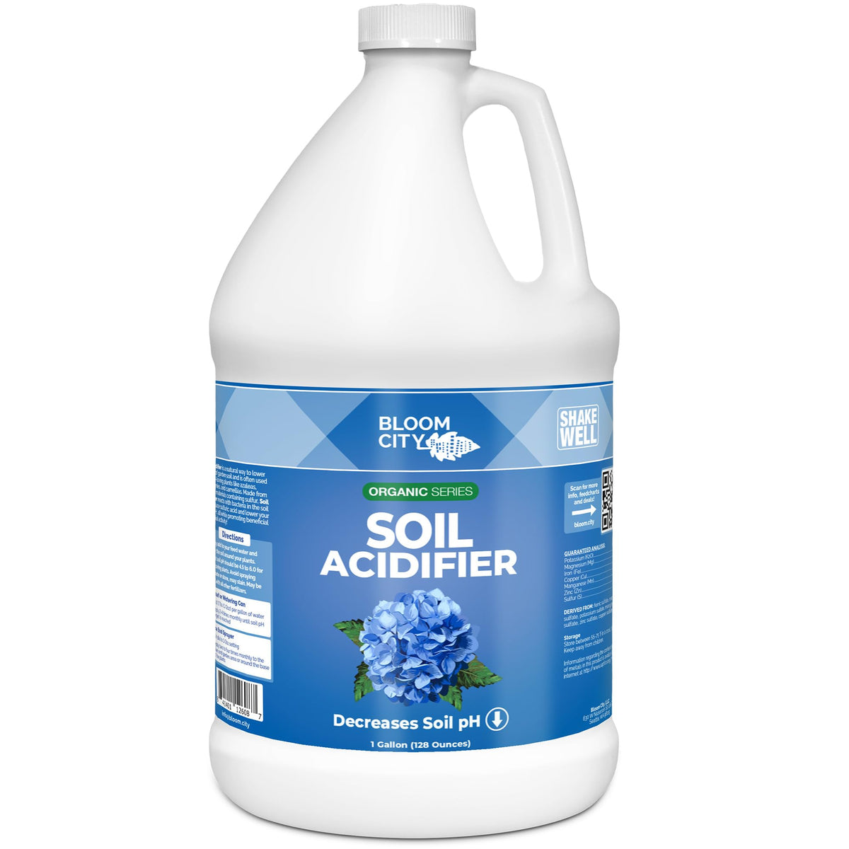 Bloom City Organic Soil Acidifier bottle shows easy soil treatment for acid-loving plants.