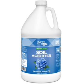 Bloom City Organic Soil Acidifier bottle shows easy soil treatment for acid-loving plants.