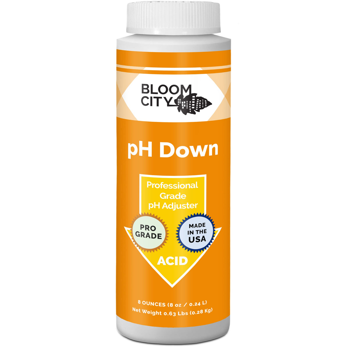 Bloom City pH Down bottle pouring to adjust nutrient solution pH precisely