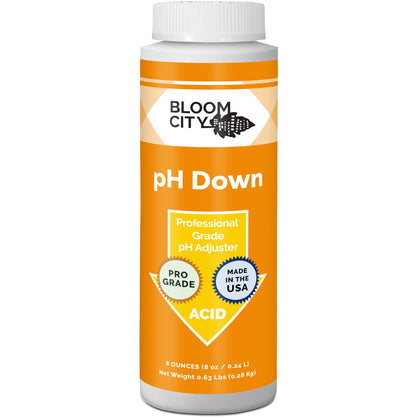 Bloom City pH Down bottle pouring to adjust nutrient solution pH precisely