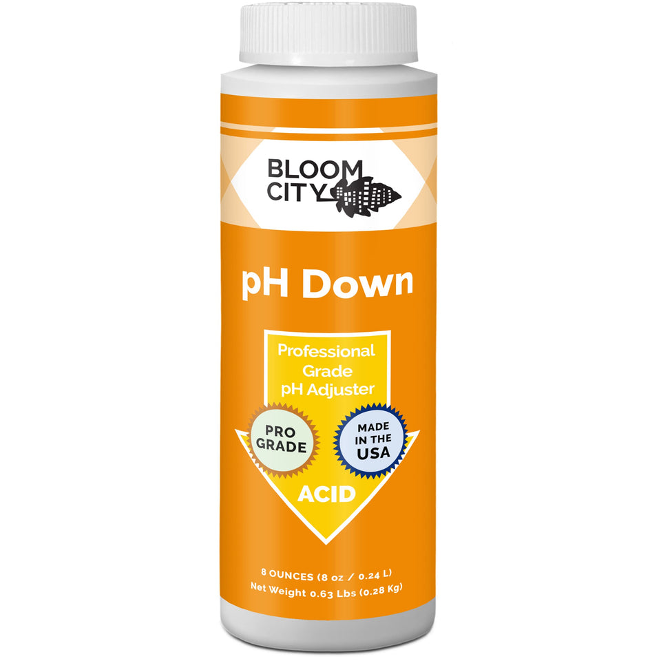 Bloom City pH Down bottle pouring to adjust nutrient solution pH precisely
