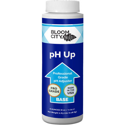 Bloom City pH Up bottle pour for precise pH adjustment in nutrient solutions.