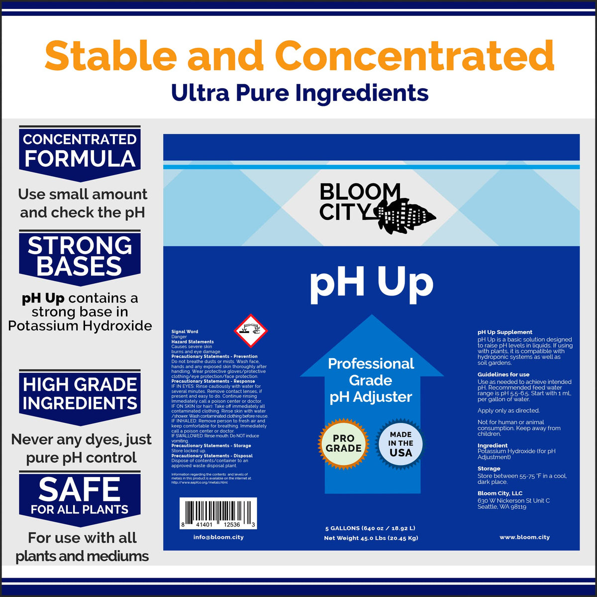 Bloom City pH Up label closeup showing usage guidance for safe mixing.