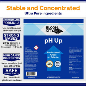 Bloom City pH Up label closeup showing usage guidance for safe mixing.