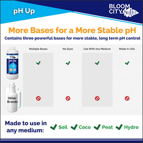 Bloom City pH Up liquid measure illustrating precise pH adjustments.