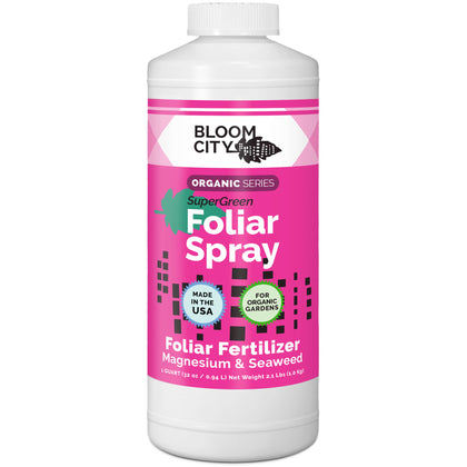 Bloom City Supergreen Kelp Spray bottle ready for foliar feeding that supports vibrant foliage