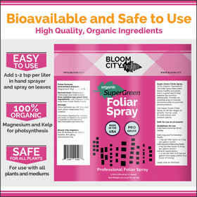Bloom City Supergreen Kelp Spray on indoor plants supports healthy foliage