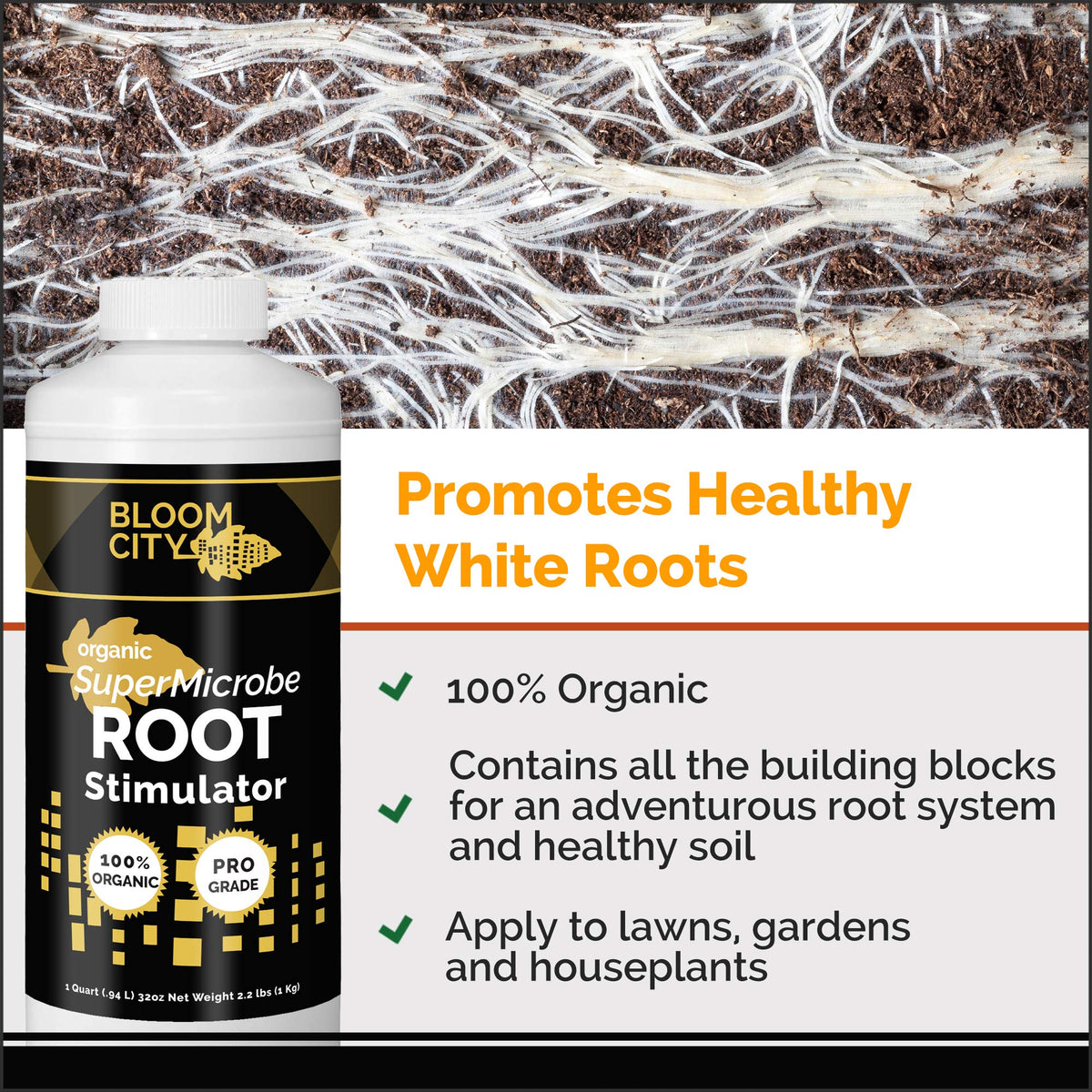 Bloom City SuperMicrobe liquid drench application shown for easy root soaking.