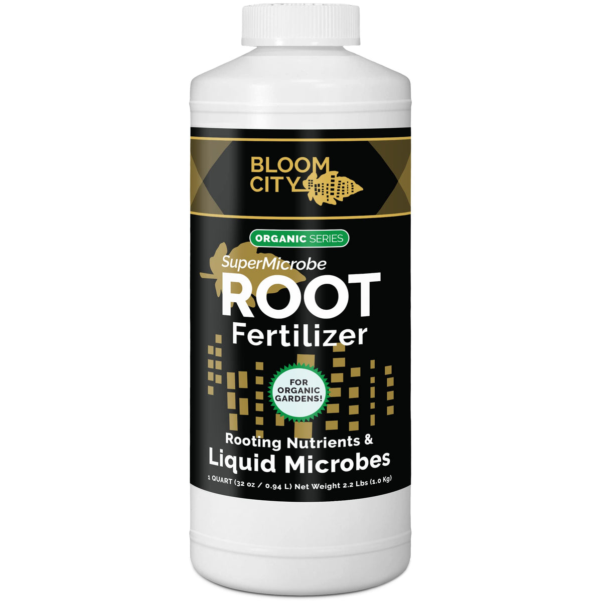 Bloom City SuperMicrobe root-fertilizer bottle close-up promoting root support.
