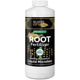 Bloom City SuperMicrobe root-fertilizer bottle close-up promoting root support.