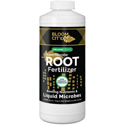 Bloom City SuperMicrobe root-fertilizer bottle close-up promoting root support.