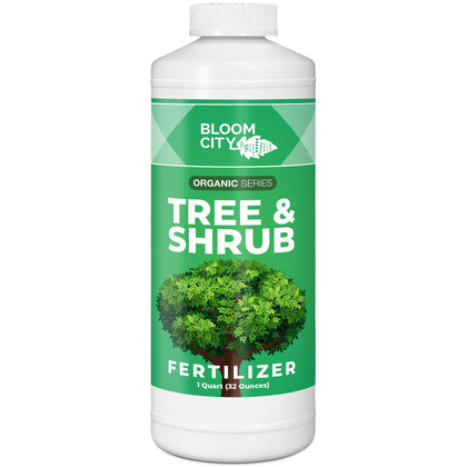 Bloom City Tree & Shrub Fertilizer bottle supports strong roots and lush foliage.