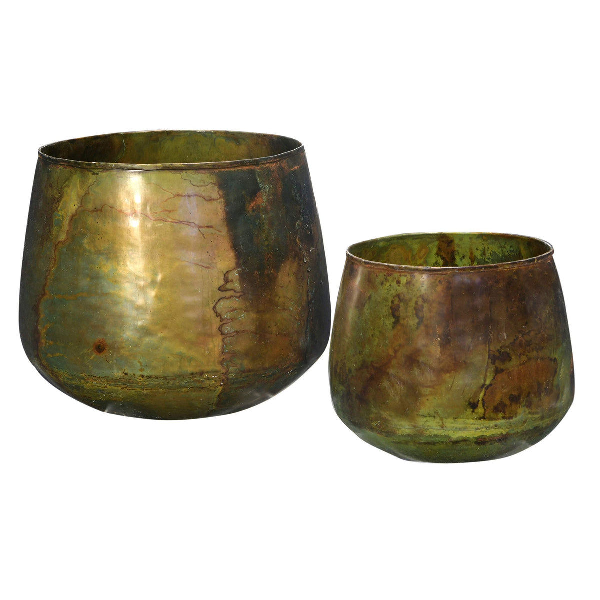 Bloomingville round metal planter with oxidized green finish for indoor display and balcony styling.