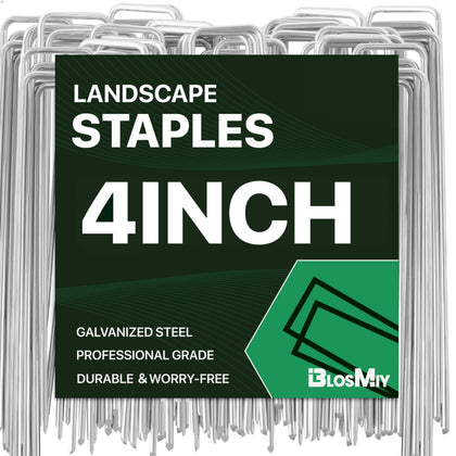 BLOSMIY landscape stakes 4-inch 100-pack for secure weed barrier and irrigation setup.