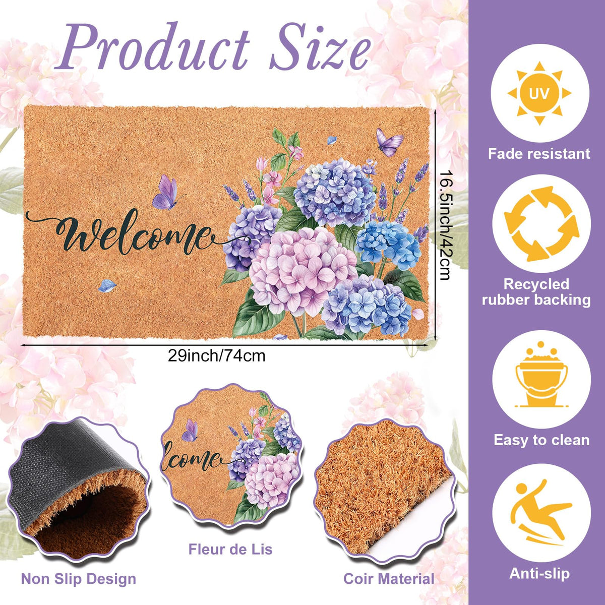 Blosssound butterfly-hydrangea pattern mat showcases natural coir texture and durability