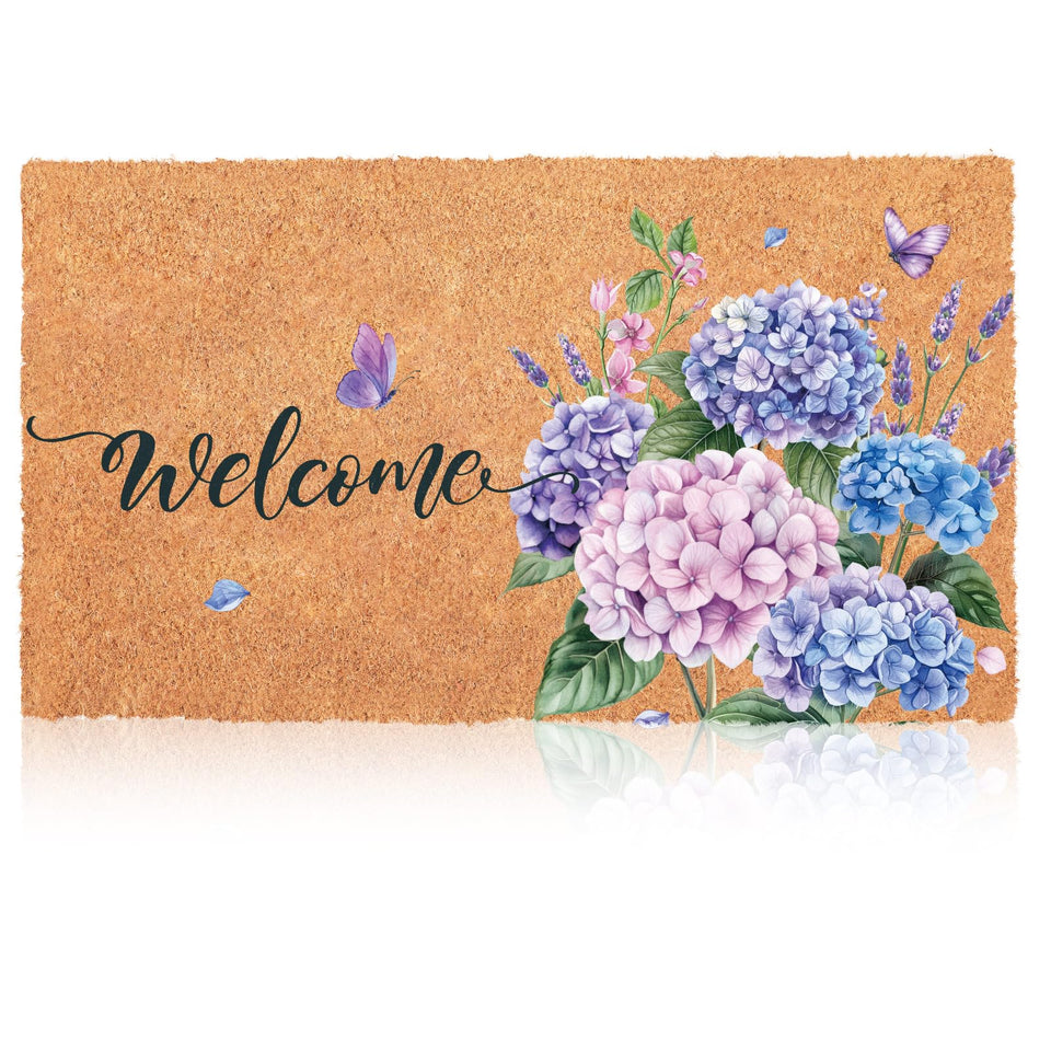 Blosssound hydrangea coir doormat with welcome butterflies enhances entryway