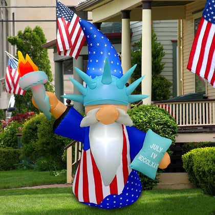 BLOWOUT FUN 5ft Liberty gnome inflatable, eye-catching Independence Day yard decor.