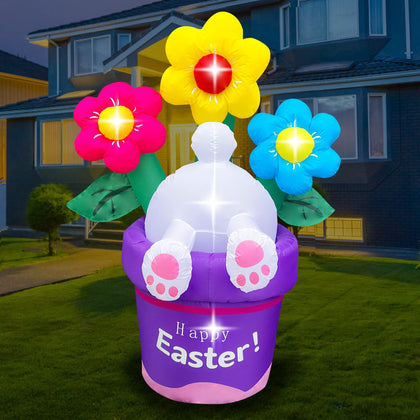 BLOWOUT FUN Easter rabbit in a flower basket inflates for festive curb appeal.