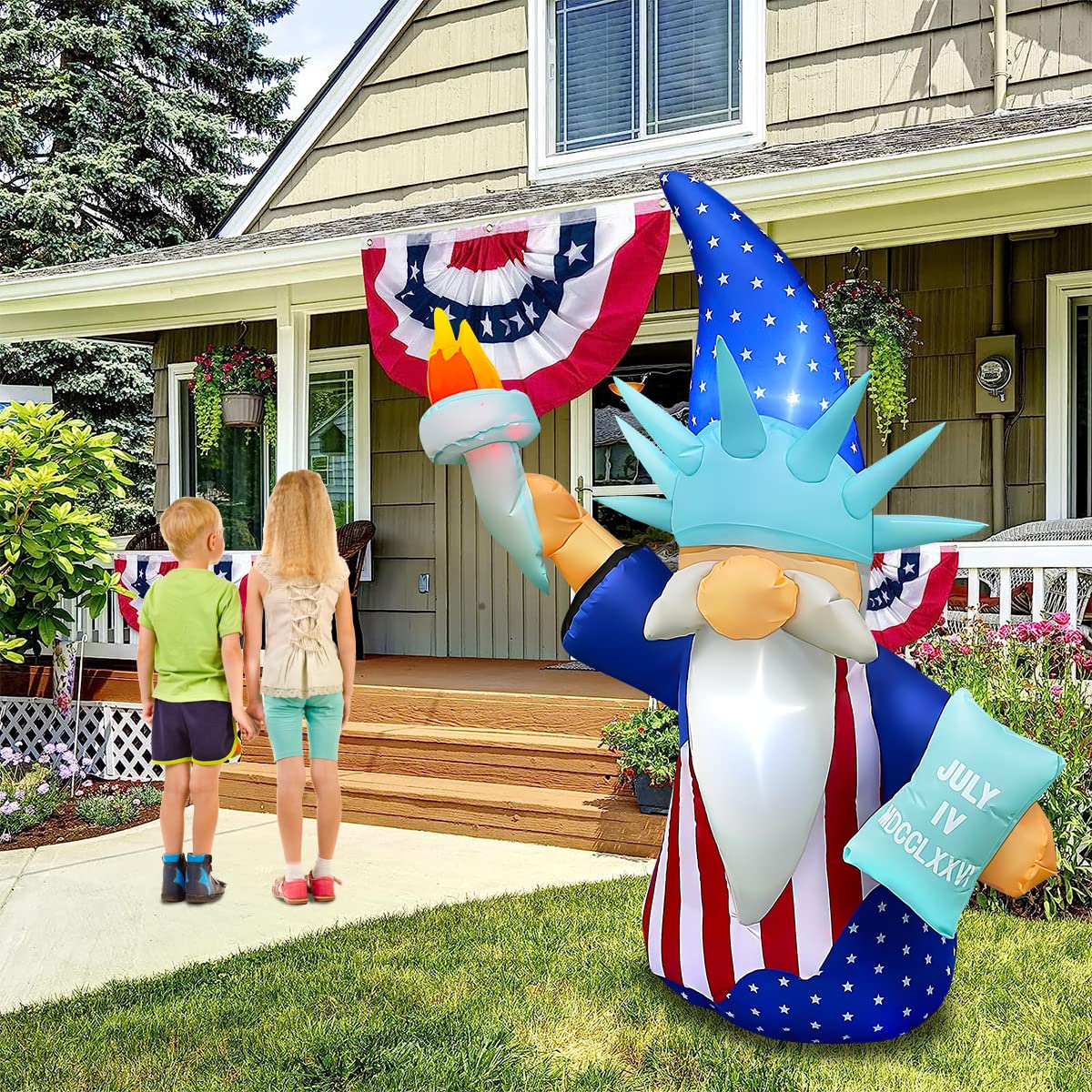 BLOWOUT FUN LED-lit Liberty gnome inflatable, brightens patios at dusk.