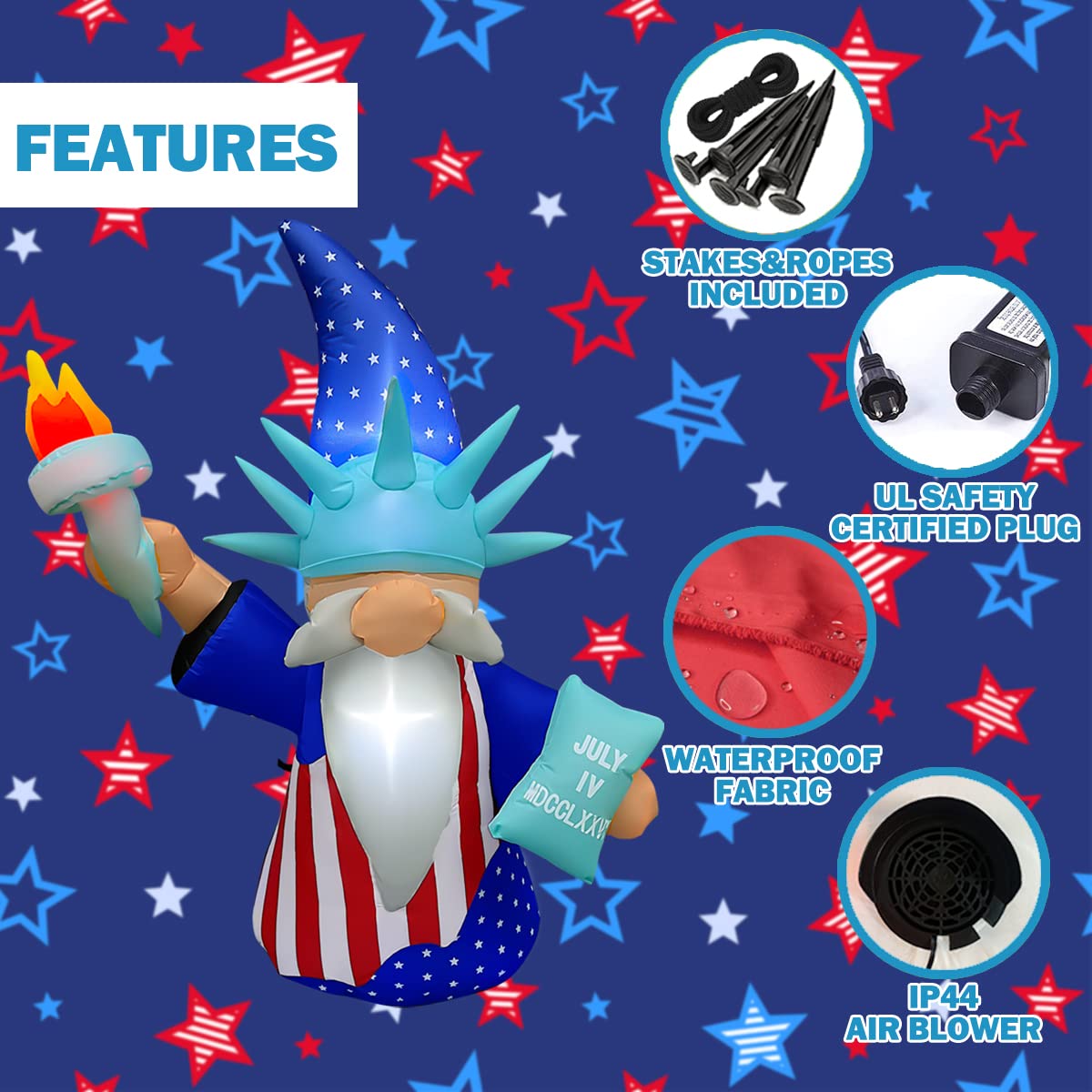 BLOWOUT FUN patriotic yard decor suitable for day and night use.