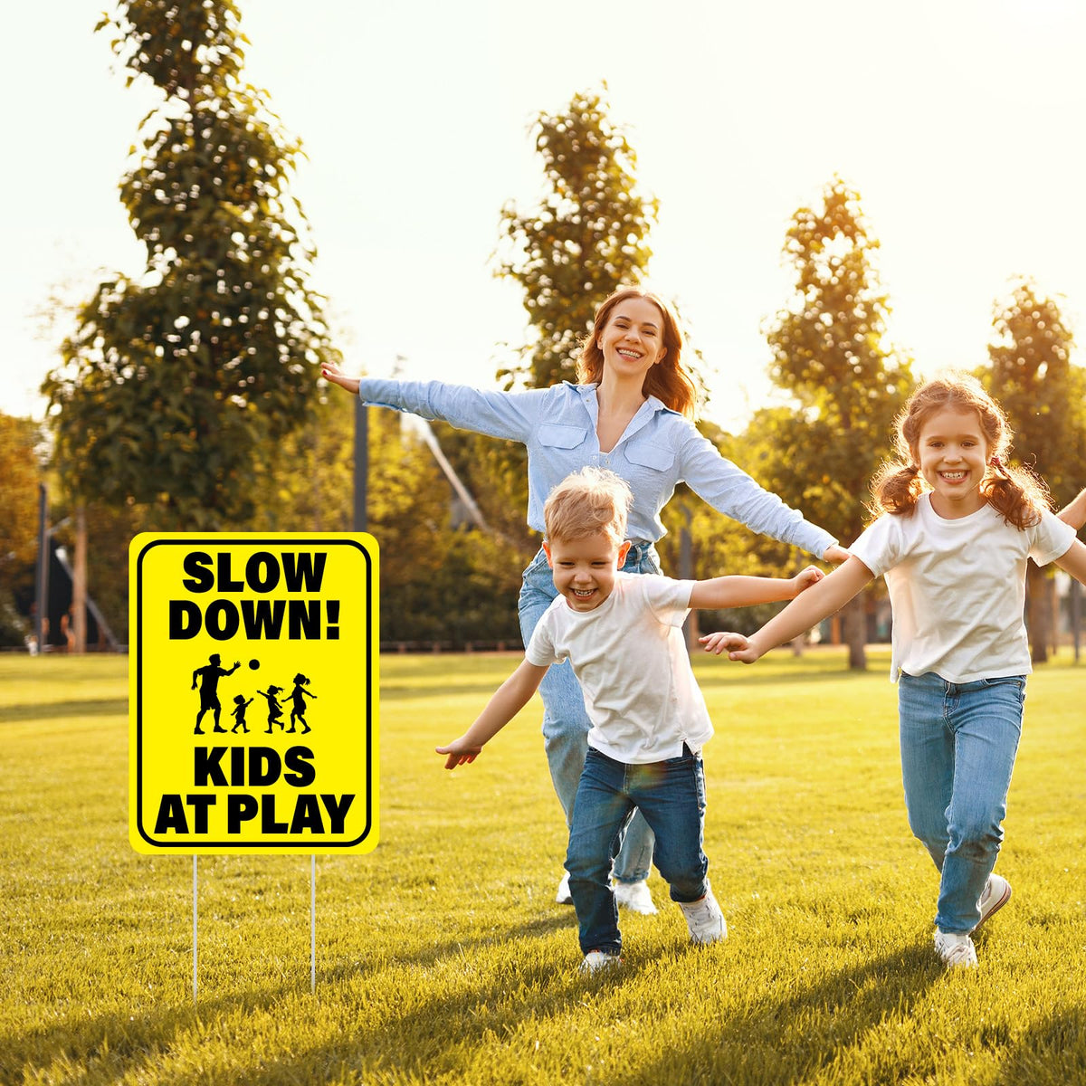 BLSUREFYX kids-at-play yellow sign highlights safety in neighborhoods.