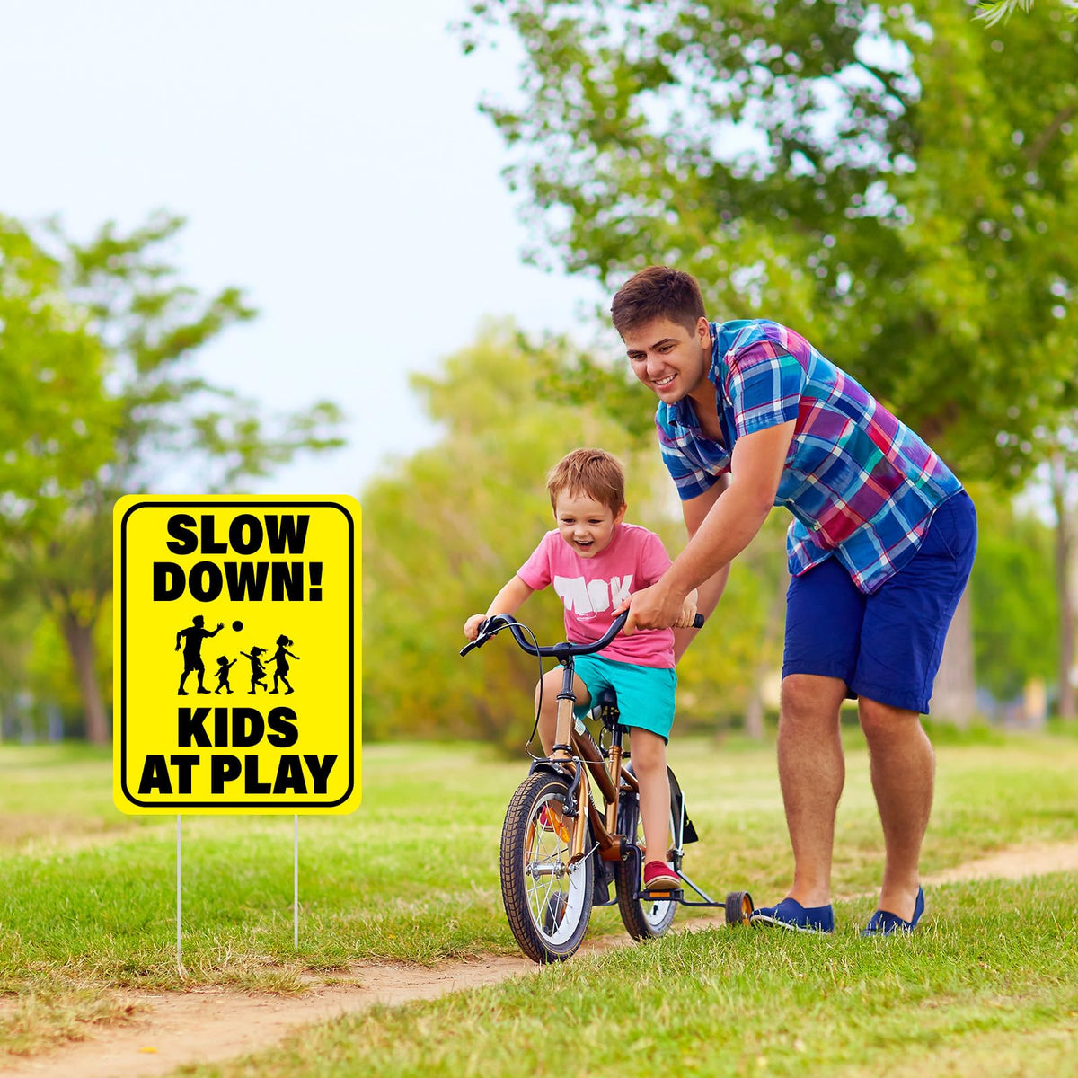BLSUREFYX slow-down signs back view reveals double-sided visibility from both directions.