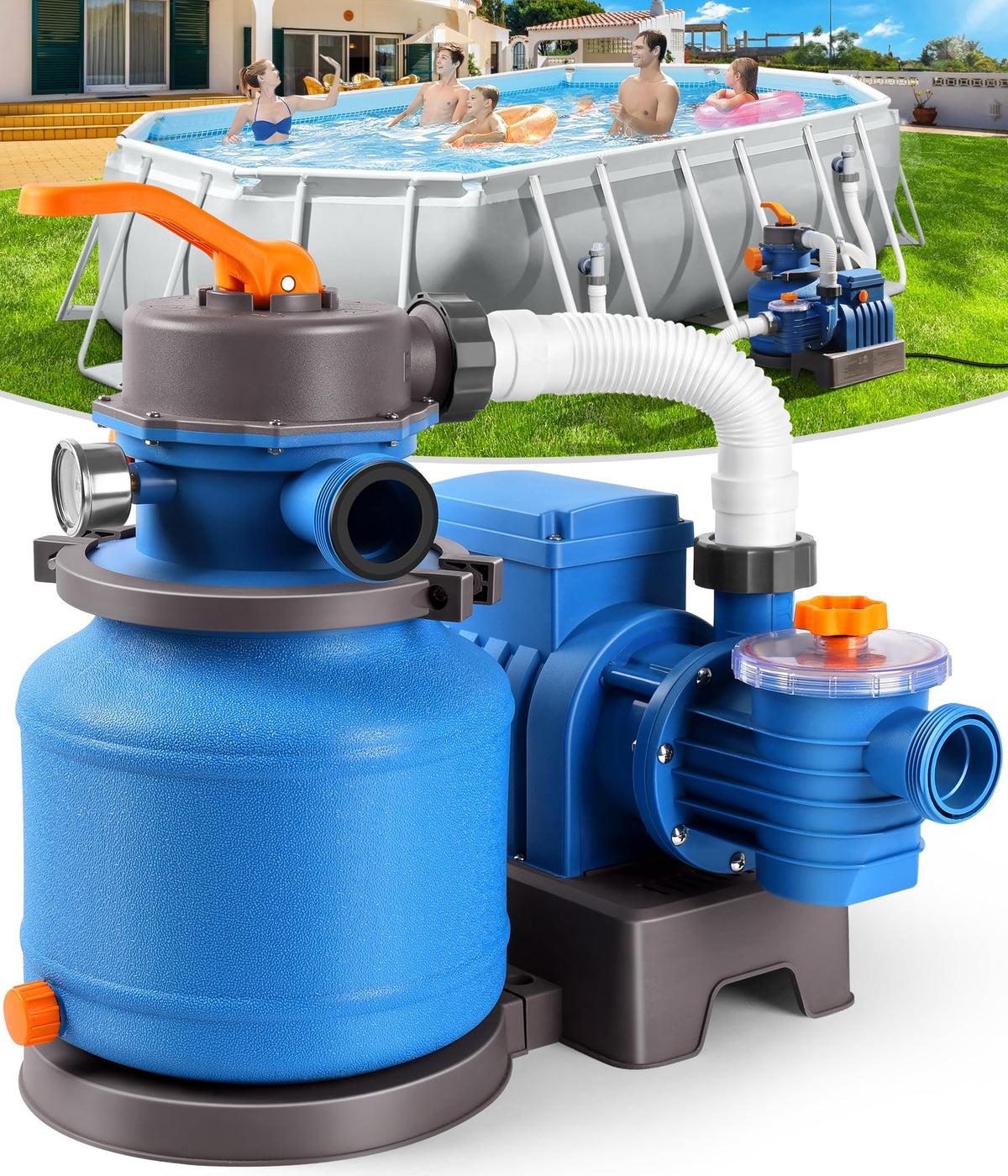 BluClear 2500 GPH sand filter pump front view for above-ground pools delivering efficient filtration.
